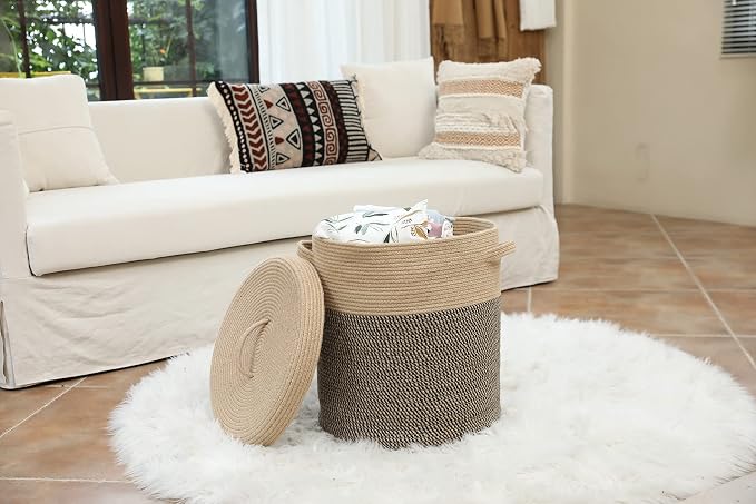 16x18 Inch Extra Large Round Cotton Rope Storage Basket with Lid, Decorative Woven Bin with Cover for Living Room Bedroom Closet, Jute & Black Mix - Image 5