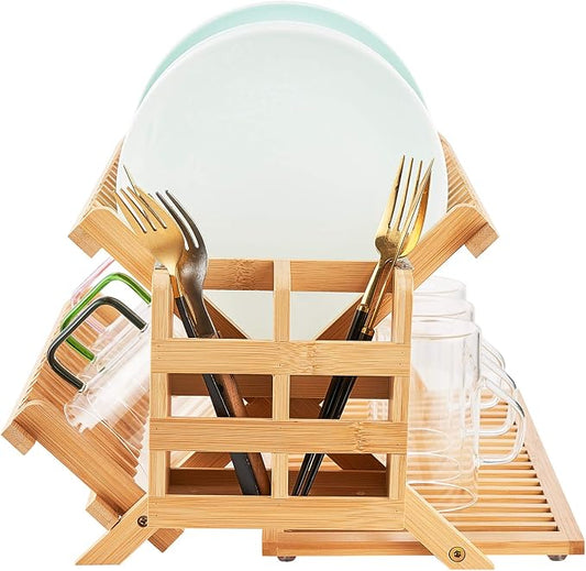 Bamboo Dish Drying Rack, 3 Tier Collapsible Wooden Dish Drainer Rack with Utensil Holder, Plate Rack for Kitchen Counter, Large Folding Drying Holder 51 pcs Grid by Worthyeah