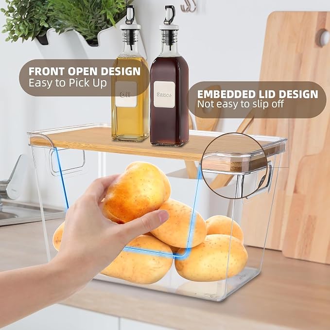 2 Set Potato And Onion Storage Bins with Bamboo Lid, Clear | Stackable Pantry Organizers And Storage, Front Open Fruit And Vegetable Storage, Kitchen Counter Storage, Fruit Basket - Image 5