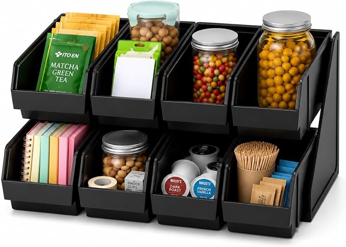 Novabright 8 Compartment Serve Condiment Bin Self Serve Condiment Packet Organizer Stand Countertop Plastic Containers Storage Display Rack for Coffee Shops Restaurants Bars(8 Bin 2 Tier) by Unknown