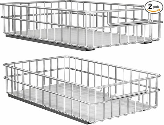 Pull out Cabinet Organizer, Stainless Steel 2-Pack (11.8"W x 21"D) Full-Extension Slide out Drawer, Adhesive Roll out Can Spice Storage Basket Shelf Rack for Pantry, Kitchen, Bathroom, Home Closet by Kitstorack