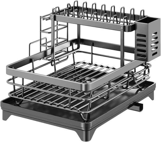 Large 2 Tier Dish Drying Rack for Kitchen Counter, Carbon Steel Dish Drainer with Drainboard and 360° Swivel Spout, Utensil, Knife and Cutting Board Holders, No Assembly Required, Grey - Image 2