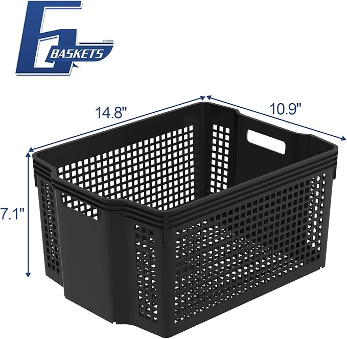 Stackable Woven Plastic Storage Baskets, 6 Pack Container Tote | Shelf Organizer Bins for Pantry and Cabinet, 14.8 x 10.9 x 7.1 in, Nest and Stack, Black - Image 2