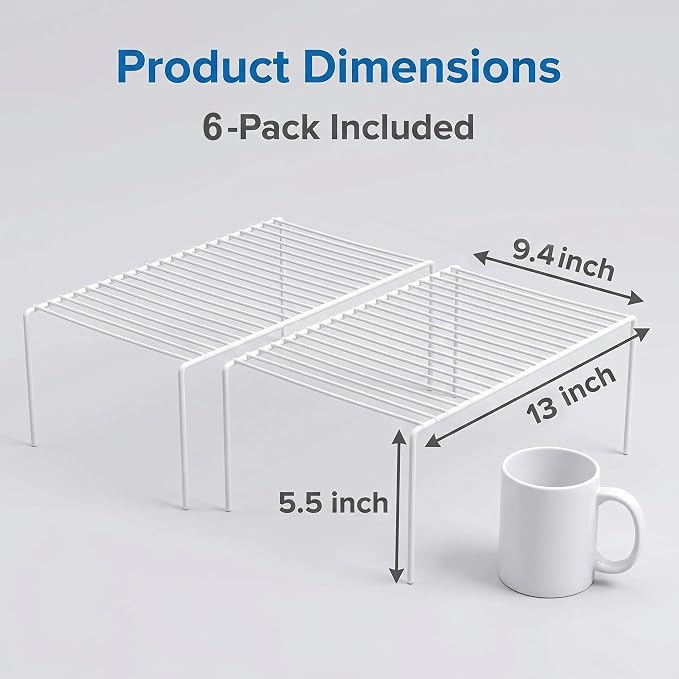 Set of 6 Kitchen Cabinet Shelf Organizer, Medium (13 x 9.4 Inch) Bathroom Cabinet Organization Wire Shelf Rack, Rustproof Storage Space Saver Shelves for Countertops Pantries Utensils -White - Image 3