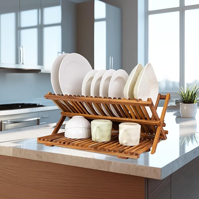 Utoplike Large Teak Dish Drying Rack, Wood Collapsible Organizer for Plates | 3 Tier Kitchen Dish Draine for Countertop, for Pasta Plates, Cups, Pots - Image 7