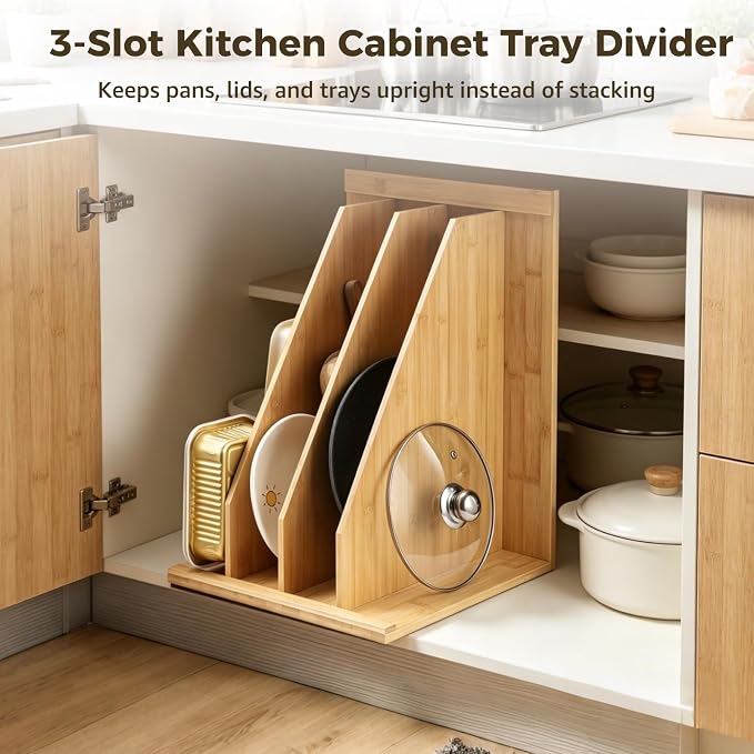 Upgraded Tray Dividers for Cabinets with 3 Slots, Wooden Pan Organizer Rack for Cabinet, Bakeware Organizer for Cutting Boards Lids Cookie Sheets, Pot Pan Storage Rack for Countertop or Cupboard - Image 3