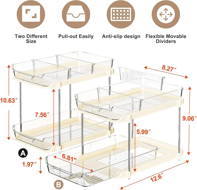 Delamu 2-Tier Multi-Purpose Bathroom Under Sink Organizers and Storage, Stackable Kitchen Pantry Organization, Pull Out Medicine Cabinet Organizer with Movable Dividers, Beige, 2 Pack - Image 2
