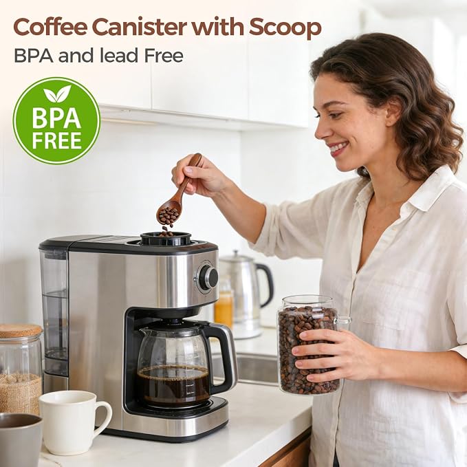 ComSaf Coffee Storage Canister with Acacia Wood Lids & Scoops 0.8Qt 2Pack | Glass Containers for Coffee Lover, Whole Beans Grounds Sugar, Coffee Bar & Office Tabletop, Jars with Labels, Lead-Free - Image 4