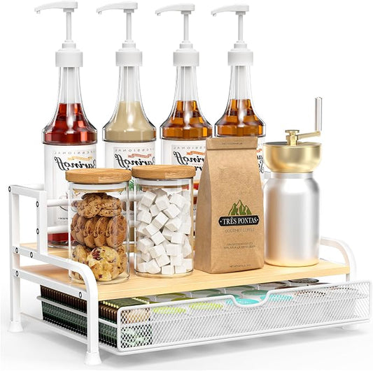 Coffee Syrup Rack Organizer, 3-Tier with 35 K-Cup Pod Holder Drawer | White Metal Rack for 8 Syrup Bottles,Countertop Bottle Holder Stand for Wine,Space-Saving Design for Kitchen Cafe Station by PONEYA