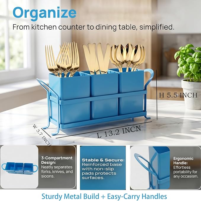NelyBet Utensil Holder Silverware Caddy for Party Countertop, 3pcs Bins Set Silverware Caddy Organizer Holders for Spoon and Fork, Blue - Image 2
