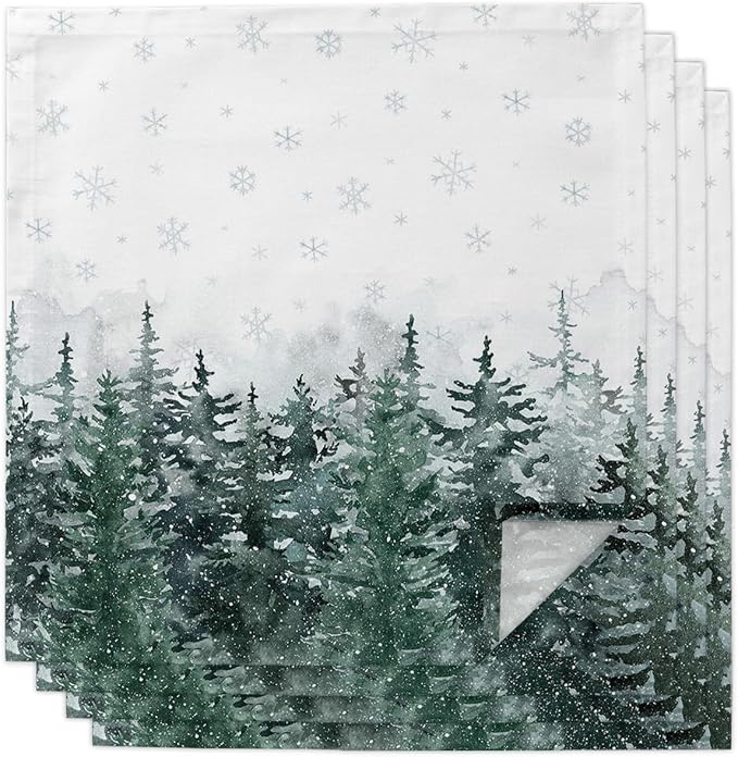 Christmas Cloth Napkins Set of 4, Watercolor Green Xmas Tree Winter Snowflake Dinner Napkins Cloth Washable, Cocktail Napkins Reusable for Wedding, Party, Birthday (20"x20") by Unknown