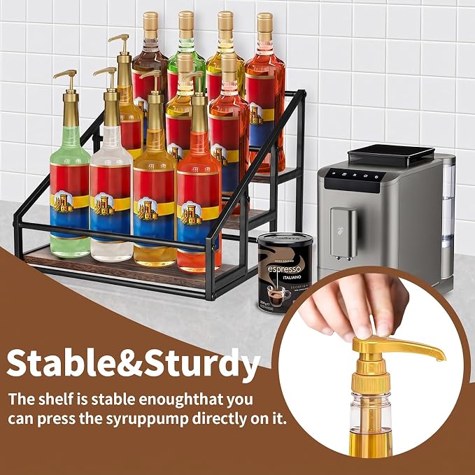 YQBRAO 3-Tier Coffee Syrup Organizer, 12-Bottle Rack, Rustic Brown | Holds up to 12 bottles with stepped visibility and a compact footprint for coffee bars, kitchens, and syrup stations. - Image 5