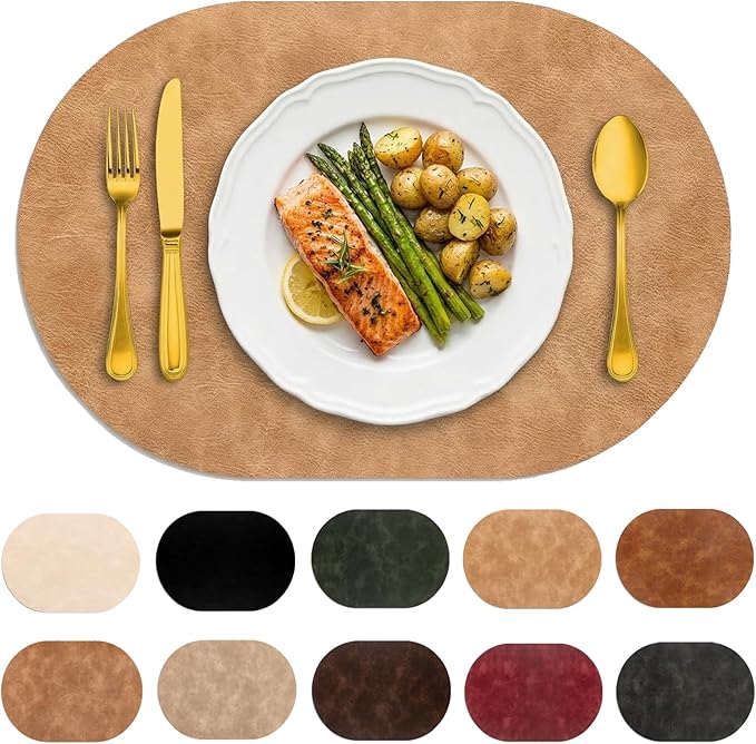 Oval Placemats 2mm Ultra Thick Faux Leather Table Mats, Heat Resistant Waterproof Wipeable Dining Mats for Kitchen Table, Set of 4, Soft Apricot by BIPASION