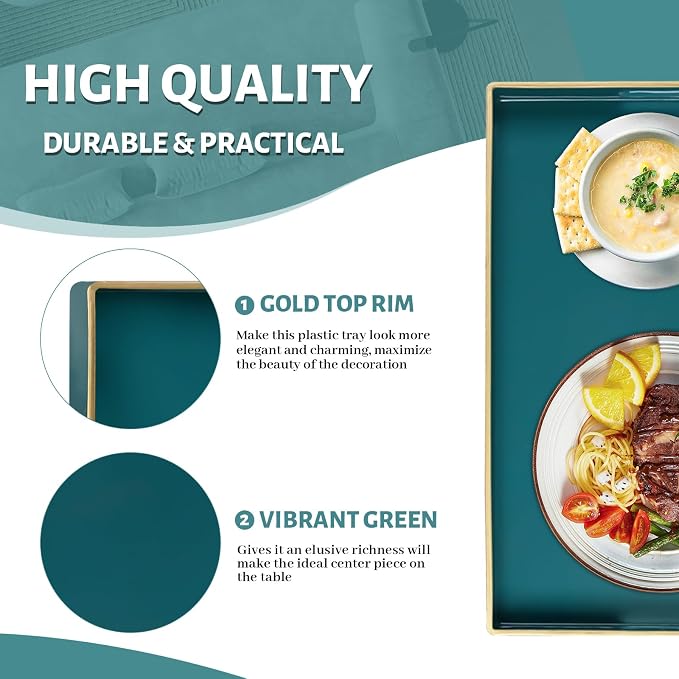 Teal Decorative Tray for Coffee Table, Serving Tray with Handles | Plastic Melamine Tray, Modern Ottoman Tray, Rectangular Countertop Organizer Tray for Living Room, 15.8"L x 10.2"W x 1.4"H - Image 3