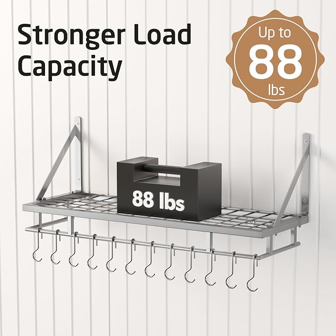 KES 30-Inch Silver Gray Pot Rack with 12 Sturdy Hooks, Wall Mounted | Holds 88 lbs, Cast Iron Pots and Pans Organizer, Kitchen Wall Hanging Hanger Shelves, Modern, KUR215S75A-SG - Image 3