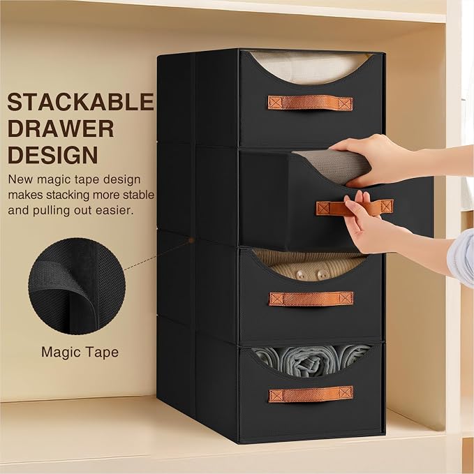 Stackable Storage Drawers - Large Collapsible Storage Bins with Drawers, 8 Pack Closet Shelf Organizer Basket, Fabric Pull Out Organizer for Bedroom, Living Room, Dorm, Black - Image 6