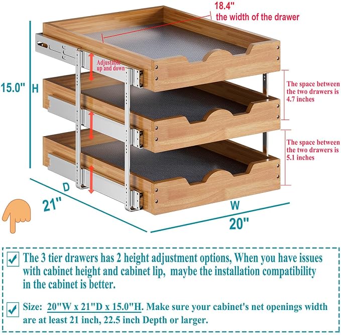 OCG Pull Out Cabinet Drawer 20" W x 21" D, 3 Tier Pull Out Cabinet Organizer, Heavy-Duty Slide Out Drawer for Cabinets, Organization for Kitchen, Pantry, Bathroom - Image 2
