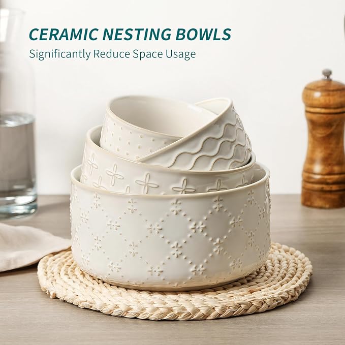 vicrays Ceramic Nesting Bowls with Lids, Set of 4, Embossed Serving Bowls for Food Storage, Popcorn, Salad etc, Microwave & Dishwasher Safe, 10oz to 53oz - Image 2