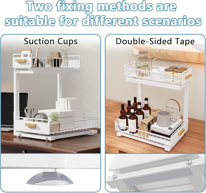 Under Sink Organizer Kitchen - Upgraded Professional Rails, 2 Tier Dual Pull Out Cabinet Storage, Height Adjustable Under Sink Storage, Metal Sliding Drawer for Kitchen & Bathroom, White, 1 Pack - Image 3