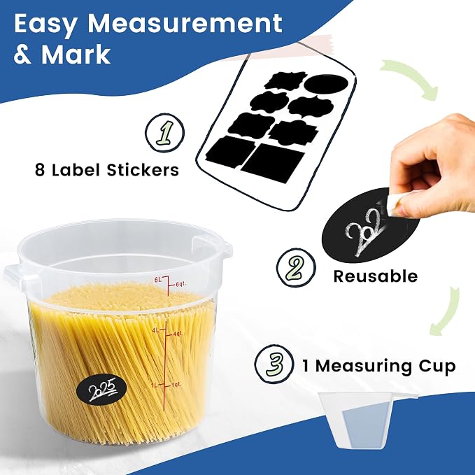 4 Pack 6QT Round Food Storage Containers with Lids | NSF, BPA-free PP containers with scale, label and measuring cup, stackable for prep, storage, freezer. Dishwasher safe - Image 4
