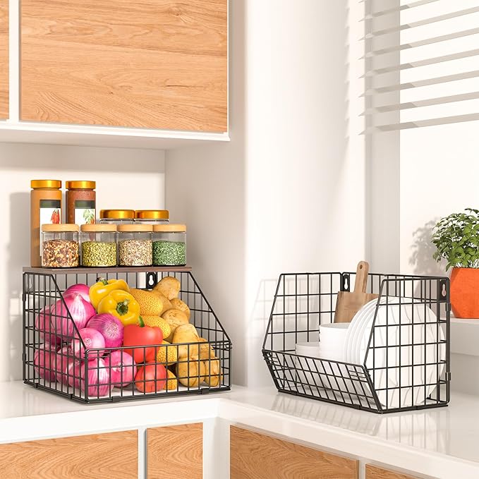 Fruit and Vegetable storage, 2 Set Wall Mounted Wire Baskets, Fruit Basket for Kitchen Counter, Hanging Fruit Basket, Potato Onion Basket, Wire Basket for Organizing, Countertop Organization Pantry - Image 4