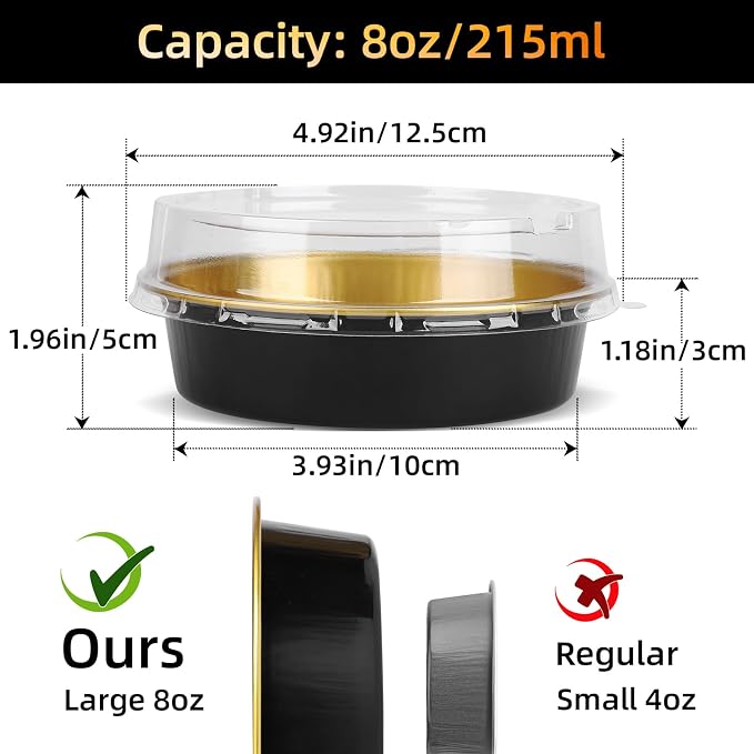 Beasea Disposable Creme Brulee Ramekins with Lids, 120 Pack 4 Inch 8oz Mini Pie Tins Black Gold Mini Small Aluminum Foil Pie Tart Cake Baking Pans Individual Round Containers Oven Safe for Baking - Image 2