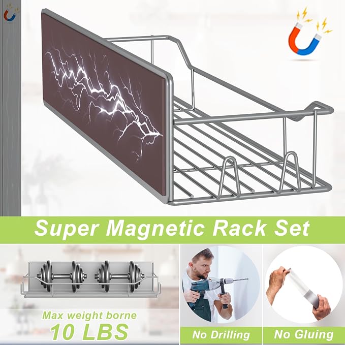 Magnetic Spice Rack for Refrigerator, 2 Pack Strong Magnet Spice Organizer Shelves with Hooks, Magnetic Fridge Shelf for Kitchen Organization and Storage, Seasoning Organizer Gadgets (Grey) - Image 3