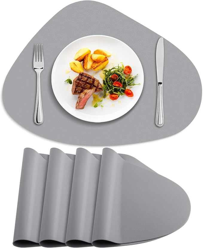 Faux Leather Placemats Set of 4, Wipeable & Washable Table Mats | Waterproof, Heat-Resistant & Easy to Clean Round Place Mats for Dining & Kitchen, 17''x13'', Grey by Delicateandelegantplacemats