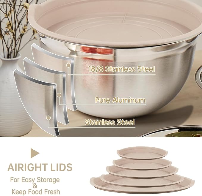 WEPSEN Mixing Bowls Set, 25PCS Khaki Mixing Bowls With Lids Set Stainless Steel Kitchen Large Nesting Metal Bowl 7QT to 1.5QT, Measuring Cups and Spoons for Prepping Cooking Serving - Image 5