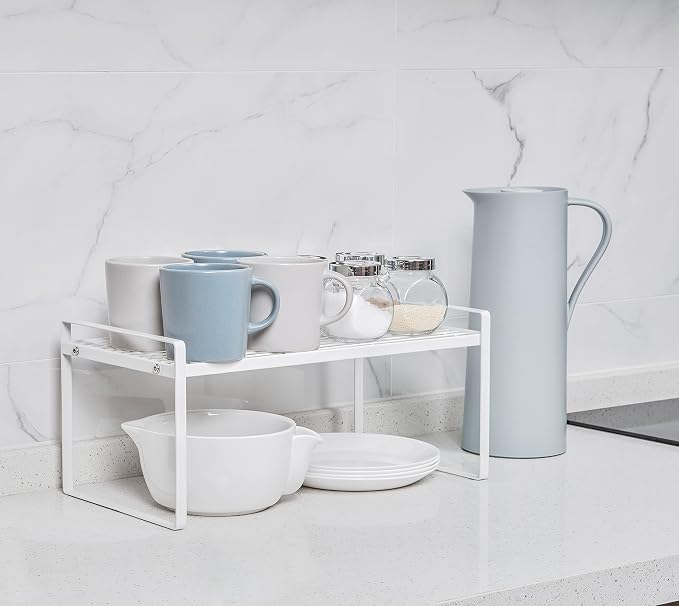 Shantton Cabinet Shelf Organizer, Pantry Shelf Rack, White 16x8.3x7.3 | 2-Pack Stackable Metal Riser Holds 40LBS with Non-Slip Feet for Kitchen Pantry Bathroom Countertop Freezer Cupboard - Image 2