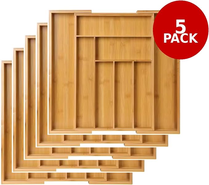 Kitchen Drawer Organizer Expandable Bamboo, Utensil Organizer for Kitchen Drawer, Adjustable Silverware Organizer Tray 13–19.6”, Wooden Cutlery Drawer Organizer, Deep Compartments (5) - Image 7