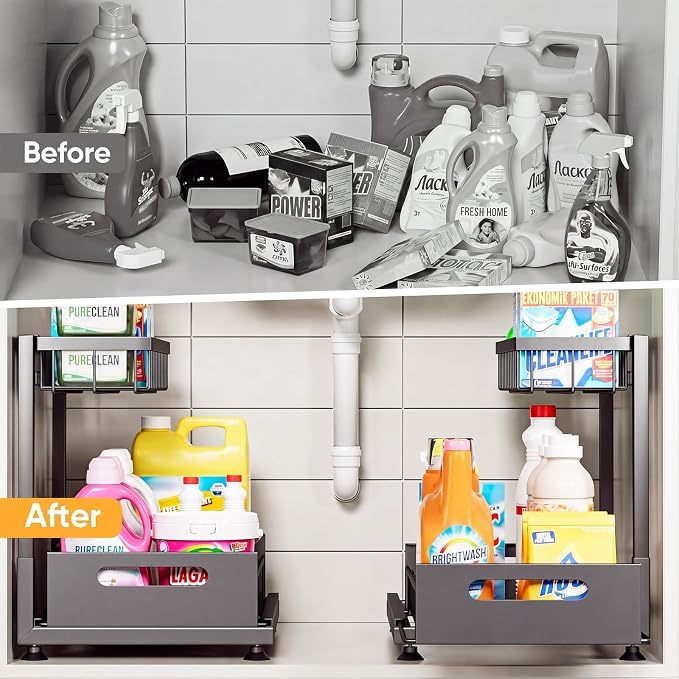 2-Pack L-Shaped Under Sink Organizer, 2-Tier Pull-out Cabinet Rack | Black Height-Adjustable Steel Rack, Sliding Grid Drawers with PP Liners, Holds 100 Lbs, Suction Base, Ideal Kitchen Storage - Image 3