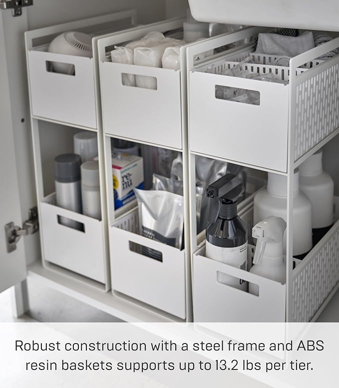 YAMAZAKI Home 2-Tier Storage Basket, Under-Sink Storage, ABS Plastic, White | Two-tier sliding baskets organizer rack designed for pantry or under-sink storage. Sturdy organization. - Image 5