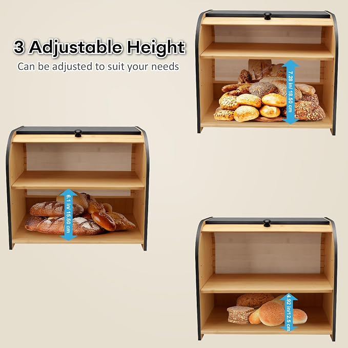 Bread Box for Kitchen Countertop, Two Layer Roll Top Bread Holder | 3 Adjustable Height, Large Capacity, Bamboo Bread Storage Container for Homemade Bread,Breadbox Organizer for Kitchen Counter - Image 4