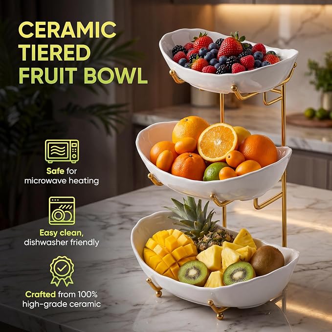 GIRAVO 3 Tier Ceramic Fruit Bowl with Metal Stand, Tiered Countertop Fruit Basket, Serving Tray Stand for Kitchen Counter, Fruit & Vegetable Storage, White Bowls with Gold Rack - Image 2