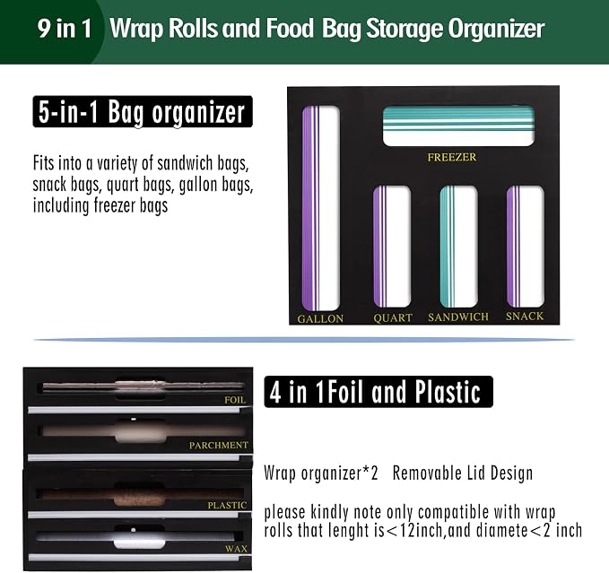 9 In 1 Storage Bag Organizer And Plastic Wrap Dispenser With Cutter, Bamboo Foil and Plastic Wrap Organizer - Image 4