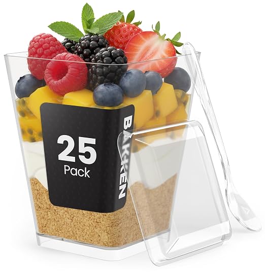 Plastic Dessert Cups with Lids and Spoons (25 Pack) – Single-Serve Parfait & Appetizer Cups, Spill-Resistant, Heavy-Duty Design, Ready-to-Use for Parties, Catering & Special Events BPA-Free by BAKK%C3%8BNMASTER