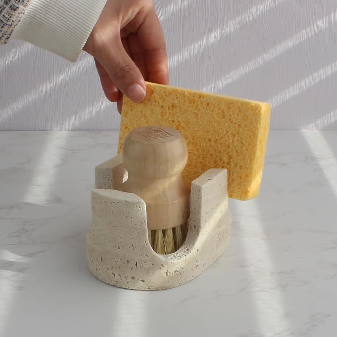 Natural Travertine Marble 2-Slot Sponge Holder for Kitchen Counter, 2-in-1 Stone Drying Rack, Sponge Caddy for Sink Organizer - Beige Travertine - Image 2