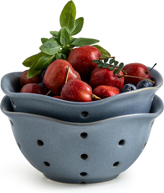 Gomakren Ceramic Berry Basket Set of 2, Elegant Fruit Bowl with Holes for Kitchen Counter, 6 Inch, Berries, Strawberry, Grape, Cherry, Floral Shape, Slate Blue, Dishwasher Safe by Gomakren