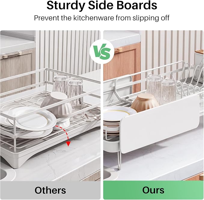 SNTD Large Dish Drying Rack for Kitchen Counter, Expandable, White | Stainless Steel Dish Drainer, Adjustable Length 18.9''-29.3'', Automatic Drainage, 360° Spout, Cutlery Holder with Knife Slot - Image 5