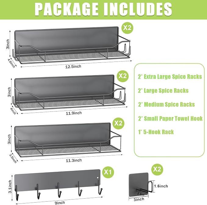 Magnetic Spice Rack for Refrigerator, 9 Pack Magnetic Fridge Shelves W/Adjustable Paper Towel Holder, Hook Rack, Moveable Spice Organizer Shelf for Kitchen Organization and Storage (Black) - Image 2