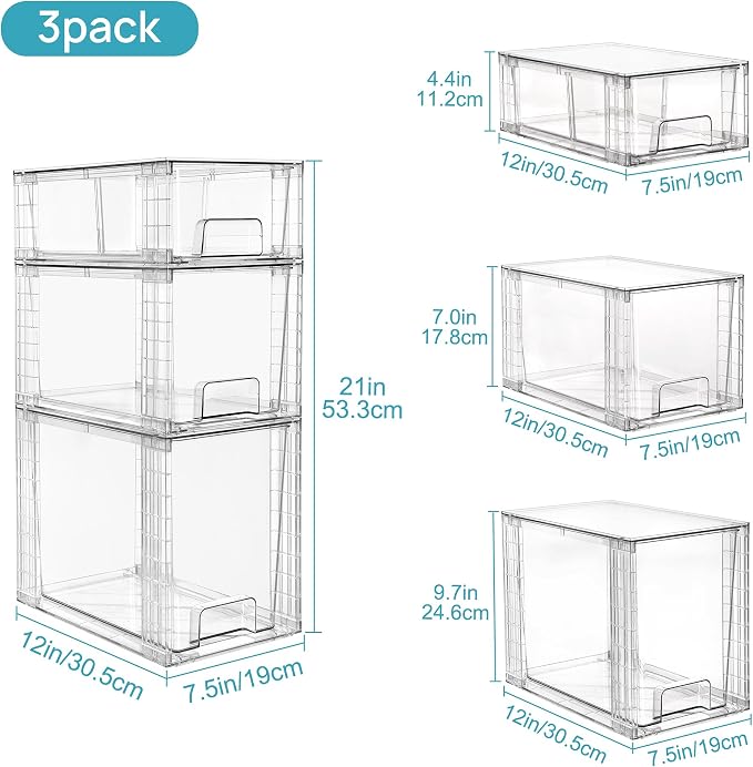 Vtopmart 3 Pack Clear Stackable Storage Drawers,Easy to Assemble Bathroom Organizers and Storage with handles,Plastic Drawers for Kitchen Pantry,Cabinet,Under Sink Organization | Tall, Medium and Small Pull-Out PET Drawers with Stackable Design for Bat... - Image 3