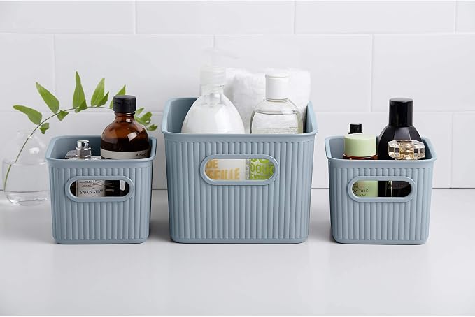 Superio Ribbed Collection - Decorative Plastic Basket Open Home Storage Bins Organizer, Blue (Set of 3) 1 Medium, 2 Small - Container Boxes for Organizing Closet Storage Bins for Shelves Drawer Shelf - Image 3
