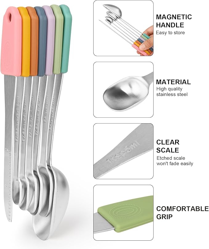 Magnetic Measuring Cups & Spoons Set 15, Stainless Steel Measuring Cups and Spoons Set, Color Heavy Duty Metal Measuring Cups&Spoons Set w/Leveler & Measure Equivalents for Cooking & Baking - Image 6
