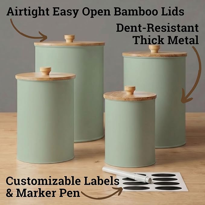 Kitchen Canisters for Countertop Set of 4 w/ Chalkboard Labels & Marker Pen | Airtight Easy Open Bamboo Lids, Dent-Resistant Thick Metal, Customizable Chalkboard Labels, Marker Pen Included, Set of 4 - Image 2