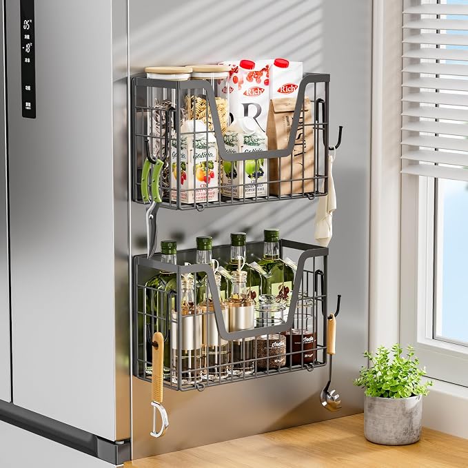 Grey Magnetic Shelf for Fridge, 2-Pack Potato and Onion Storage Bin | Magnetic Fruit Basket for Fridge, Magnetic Shelves Kitchen Pantry Organizers & Storage, Magnetic Spice Rack for Refrigerator - Image 6