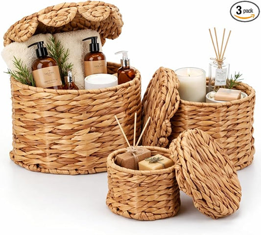 Set of 3 Scalloped Wicker Storage Baskets with Lid Round Rattan Woven Basket 11'' 8.7'' 6.3'' Natural Water Hyacinth Decorative Boxes for Organizing Nursery Home Closet Shelf Decors, 3 Sizes by Newtay