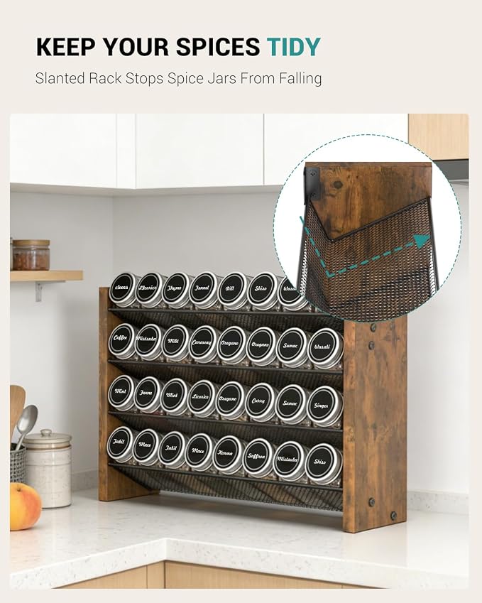 NESAPTO Spice Rack Organizer with 32 Glass Spice Jars, Wood 4-Tier Seasoning Organizer with Labels for Cabinet, Pantry, Countertop or Wall Mount, Chalk Marker and Funnel Set, 15.7" W × 9.4" H - Image 3