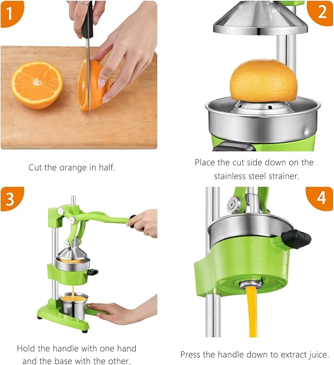 TONGCHANT Cast Iron Manual Juicer for Orange Lemon Lime Pomegranate &Citrus | Heavy Duty Orange Juicer Squeezer, Hand Press Juicer, Citrus Press, Stainless Steel Cup, Easy to Clean, Green - Image 6
