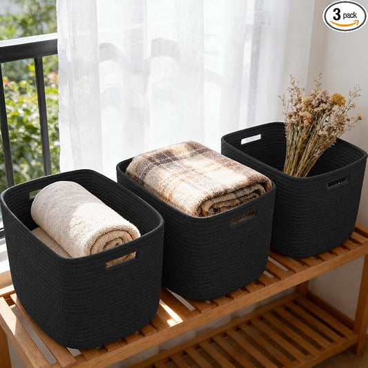 3 Pack Woven Baskets,Storage Baskets for Shelves with Handles | 13.5"×11"×9.5",Closet Baskets,Gift Basket,Nursery Organizer for Toys Towels Books,Storage Bin for Living Room Bedroom-Black by HZFTJOY